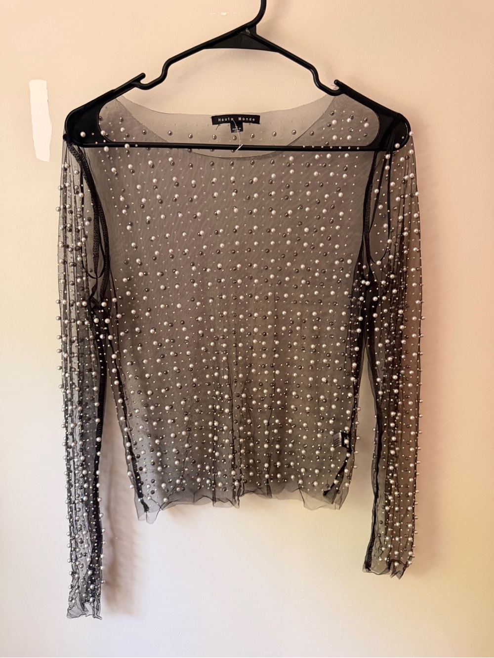 Haute Monde Black Sheer Pearl-Studded Long Sleeve Top